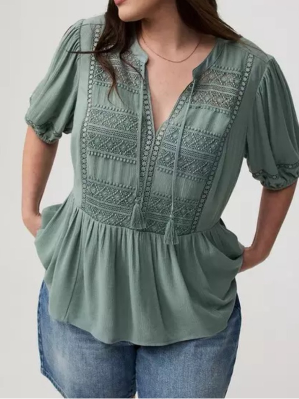 TORRID Women's Sage Green Lace-Detail Peasant Top